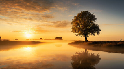 Fototapeta na wymiar Golden sunrise over the river with tree and mist
