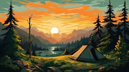 Beautiful morning landscape with camping tent at sunset