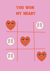 Cute Retro themed valentines day illustration. Artwork with Tic Tac Toe Game With Hearts And "You Won My Heart” Text on pink background perfect for greeting card, posters, social media post.