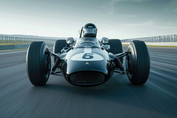 A racer in a retro Formula 1 car drives quickly along the track, front view