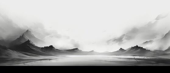 Black and white ink painting of a landscape with artistic lines and shapes on a background for decoration