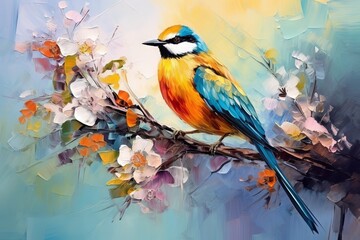 Abstract colorful oil, acrylic painting of bird and spring flower. Modern art paintings brush...