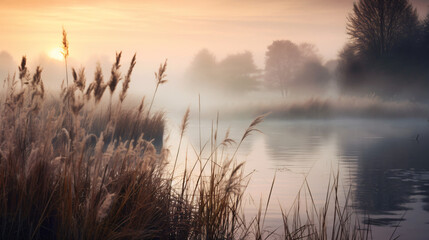 Beautiful serene nature scene with river reeds fog