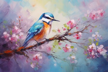 Abstract colorful oil, acrylic painting of bird and spring flower. Modern art paintings brush stroke on canvas. Illustration oil painting, animal and floral for background. - obrazy, fototapety, plakaty