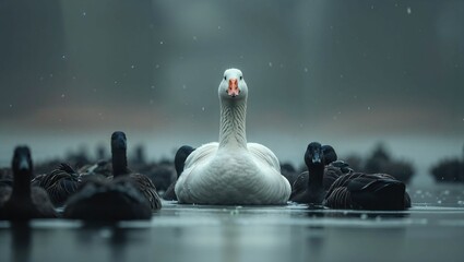 A white goose is in the middle of a flock of black geese on the lake
