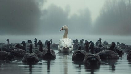 A white goose is in the middle of a flock of black geese on the lake - obrazy, fototapety, plakaty