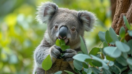 Koala eating eucalytus leaf on eucalyptus tree