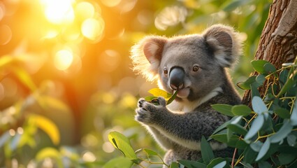 Fototapeta premium Koala eating eucalytus leaf on eucalyptus tree