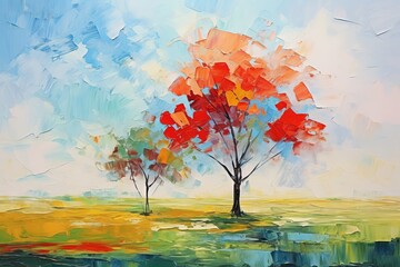 Abstract colorful oil painting on canvas. Semi abstract image of tree ,field, meadow. Landscape...