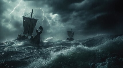 Raging Thunderstorm: Epic Viking Battle at Sea with Warriors Sailing Through Treacherous Waves