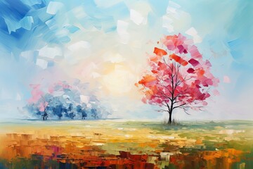 Abstract colorful oil painting on canvas of tree, field, and meadow. Landscape paintings...