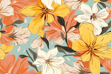 Colorful abstract floral art pattern with hand drawn flowers and leaves. Vintage style acrylic painting illustration for spring season print design