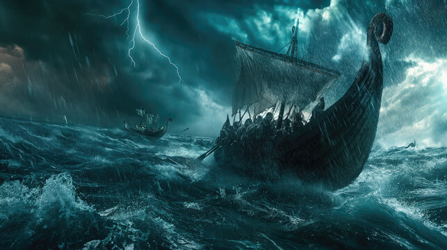 Viking Warriors Conquer Treacherous Seas in Epic Battle Amidst Thunderstorm