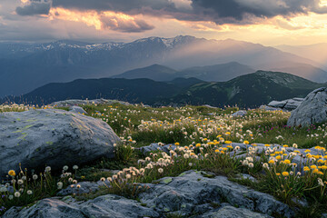 Composite panorama of dandelions among the rocks