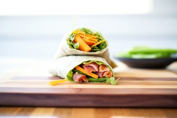 stack of sweet potato and green bean wraps on a bamboo board