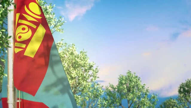 Waving flag of Mongolia on woods and blue sky background
