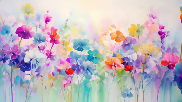 A burst of vibrant flowers and budding plants emerge from a sea of pastel hues, conveying the idea of growth and new life in this abstract painting.
