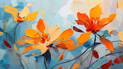 Colorful abstract oil painting of autumn flower with orange, red, and yellow leaves. Hand-painted illustration of natural fall design for vintage floral wallpaper background.