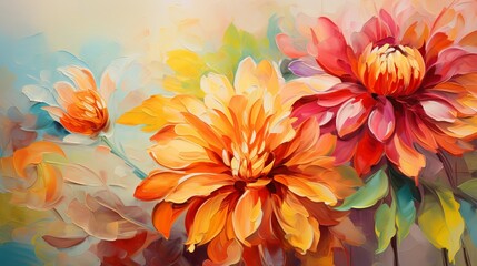 Colorful abstract oil painting of autumn flower with orange, red, and yellow leaves. Hand-painted illustration of natural fall design for vintage floral wallpaper background.