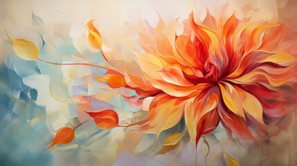 Fototapeta na wymiar Colorful abstract oil painting of autumn flower with orange, red, and yellow leaves. Hand-painted illustration of natural fall design for vintage floral wallpaper background.