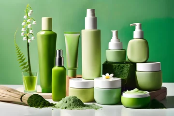  eco-friendly cosmetics containers and Organic Green Powder embodies nature's essence on white table. Organic facial skin care, makeup, cosmetic items with delicate green leaves and Lily of the valley  © chinthaka