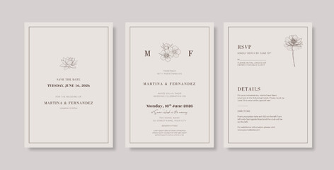 Beautiful and minimalist wedding invitation template with engraved flower