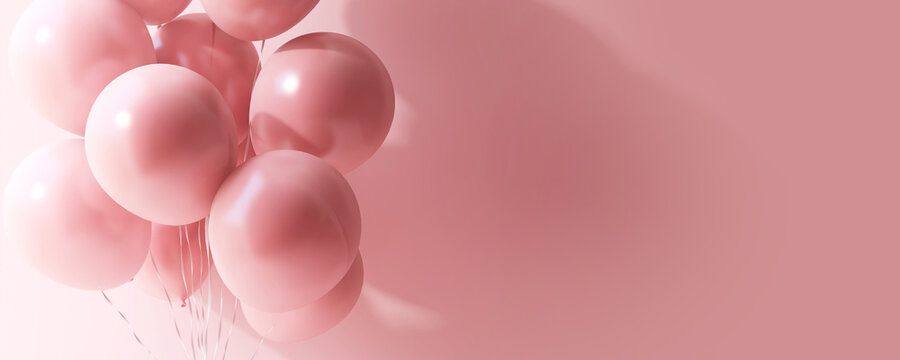 Floating matte pink balloons in sunlight, shadow on pink wall for luxury beauty, cosmetic, skincare, body care, fashion product display. Love, romantic, valentine’s day party. 3D
