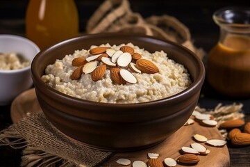 Delicious oatmeal topped with almonds and sweet honey. Generative AI