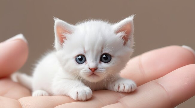  in this mesmerizing image a white kitten sitting on the tip of the finger, macro shot, in the style of fantasy realism