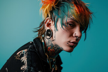 Studio portrait of a 25-year-old non-binary person with colorful tattoos, piercings, and unconventional style.