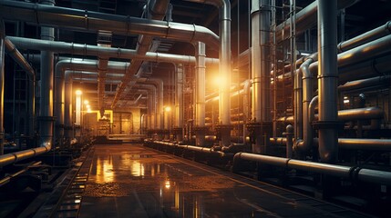 Obraz premium An inside view of the inside of the refinery, pipes, oil storage facilities with natural light. Industry, production on a large scale in the city. Economics and development of the concept.