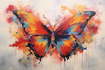 Abstract painting of a butterfly with colorful wings and splashes on canvas