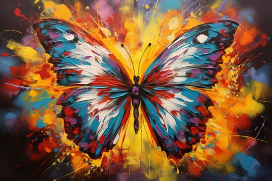 Fototapeta Abstract painting of a butterfly with colorful wings and splashes on canvas