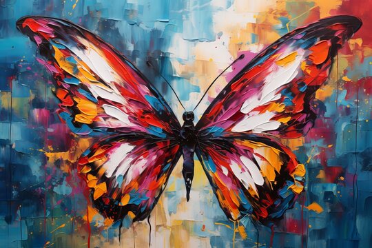 Abstract painting of a butterfly with colorful wings and splashes on canvas
