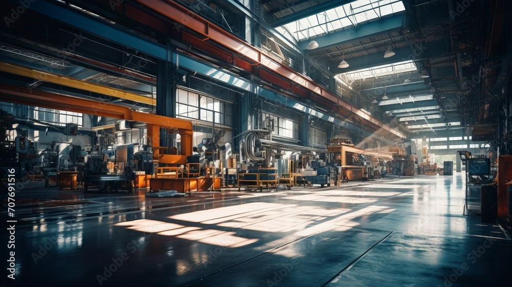 Poster An inside view of a modern factory for the production of a variety of large-sized equipment and machines. Urban industry.