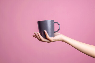 Black mug mockup on female's hand isolated on pink background - obrazy, fototapety, plakaty