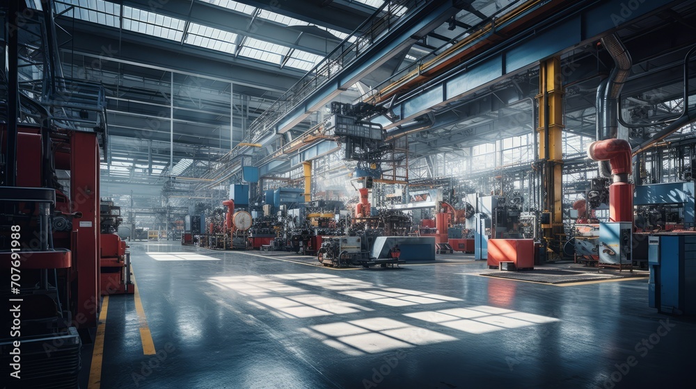 Poster an inside view of a modern factory for the production of a variety of large-sized equipment and mach