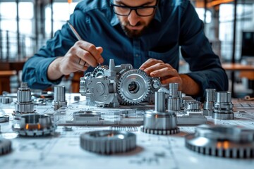 Naklejka premium Mechanical engineer working with machine and gear and blueprint. Generative AI