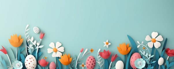 Paper cut Easter banner with colorful eggs, grass and flowers, with empty copy space Generative AI - obrazy, fototapety, plakaty