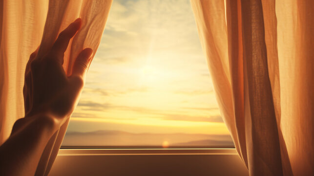 Hand opening up curtain to beautiful sunrise new day