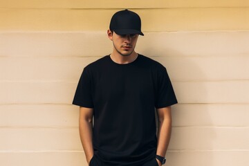 man wearing black tshirt black baseball cap