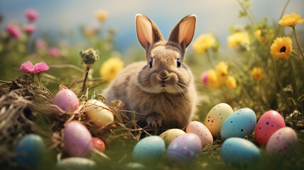 Fototapeta na wymiar A bunny with easter eggs Background