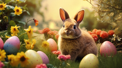 Fototapeta na wymiar A bunny with easter eggs Background