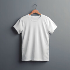 White t-shirt on hanger isolated on grey background. Mock up.