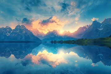 panoramic fantasy landscape with reflecting mountains