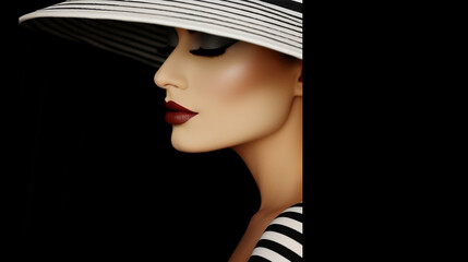 Whimsical Charisma, An Enigmatic Woman Embracing a Black and White Hat in a Surreal Symphony of Fashion