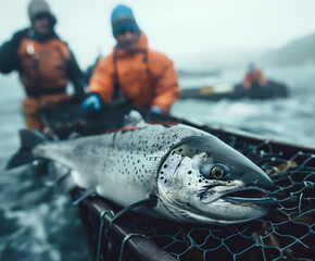 A fresh Salmon from a fish farm in the atlantic, blurred in the background are fishermen or aquaculture workers. Concept of commercial fish farming and environmental impact.