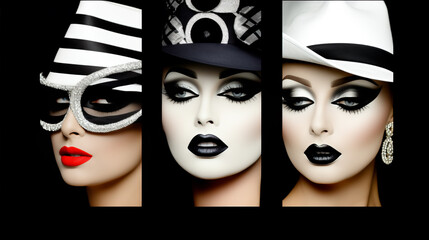 Harmonious Elegance, Enigmatic Trio of Women Adorned in Black and White Makeup