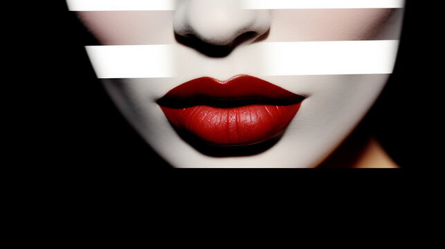 Enigmatic Elegance, A Captivating Woman Adorned in a Dazzling White Canvas and Fiery Red Lips