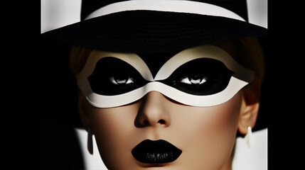 Mysterious Elegance, A Captivating Woman Adorned in a Black and White Mask and Hat Showcasing Artistic Flair